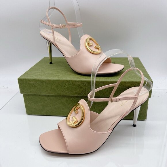 Gucci GG Blondie Logo Womens Heeled Sandal Pink Leather EU 40 US 10 $1090 - Picture 1 of 13